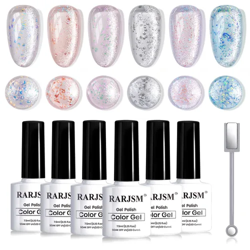 RARJSM Glassy - Juego de 6 esmaltes de uñas de gel de ojo de gato, color de gelatina de hielo, rubor, rosa, azul, morado, naranja, rosa, plateado,