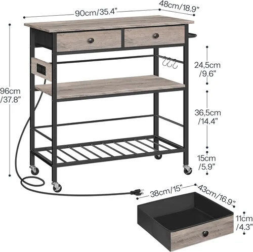 Miniatura 4 de HOOBRO Isla de cocina con almacenamiento, carrito de isla rodante para cocina con 2 cajones y tomacorriente, estación de café de 3 niveles y soporte