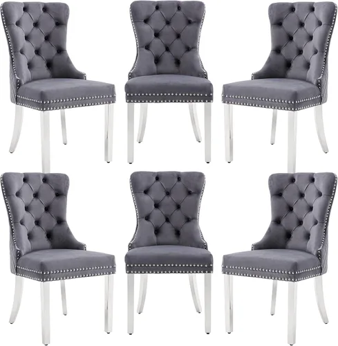 Miniatura 23 de Civama Juego de 2 sillas de comedor, elegantes sillas de comedor de terciopelo capitonado de lujo con patas doradas y adornos de clavos, tirador