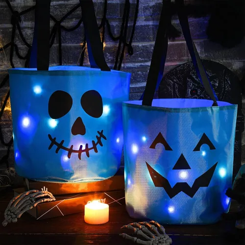 Miniatura 5 de Yaomiao 4 cubos de Halloween para trucos o golosinas para niños, bolsas de dulces de calabaza con luces LED, cestas de regalo reutilizables para Azul