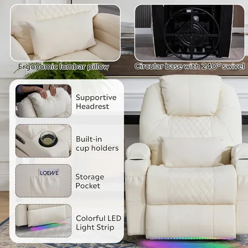 Miniatura 6 de Silla reclinable giratoria de doble motor para adultos con calor y masaje, mecedora eléctrica de pared para guardería, sala de estar con luces LED