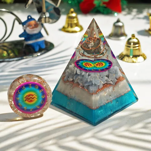 Miniatura 7 de Juego de pirámide de orgón y piedra de palmera de horóscopo, cristal curativo de acuario, signo del zodiaco, hecho de pirita y angelita para calma