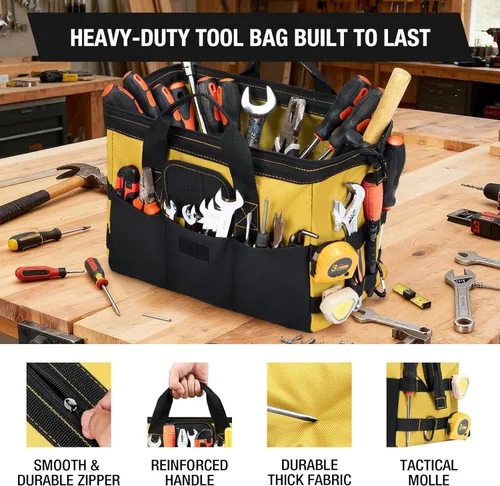Miniatura 5 de HISEA Paquete de 3 Bolsas de Herramientas Resistentes con Bolsillos de Almacenamiento, Organizador de Herramientas de 16 Pulgadas con Base Ancha