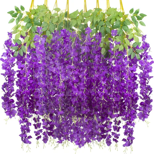 AITISOR Paquete de 12 flores artificiales de seda, glicinia, vid de ratta, flores colgantes (azul)
