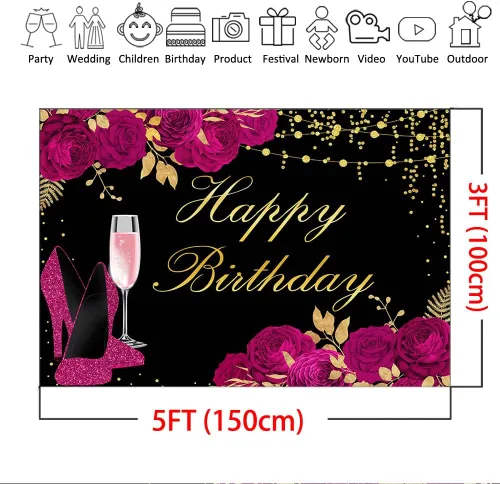Miniatura 4 de Mocsicka Telón de fondo rosa negro con purpurina para mujer, de tacón alto, para decoración de cumpleaños de niñas, decoración de fiesta de feliz