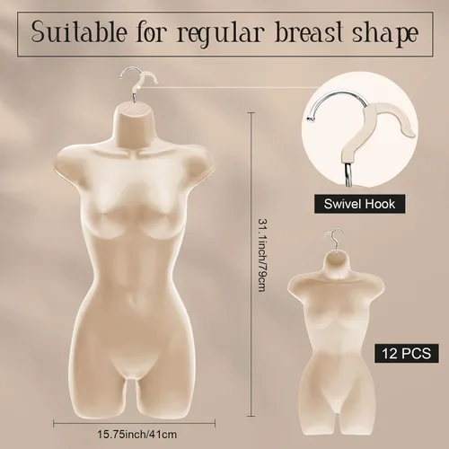 Miniatura 2 de Kigley Maniquí femenino de 12 piezas para colgar en forma de torso y espalda hueca, color carne, maniquí de ropa de plástico grueso con gancho