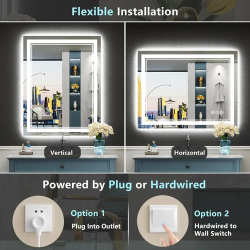 Miniatura 6 de 30x36 Espejo de baño LED con luces, retroiluminado y luz frontal, espejo de tocador iluminado antivaho para pared de baño, 3 colores, regulable