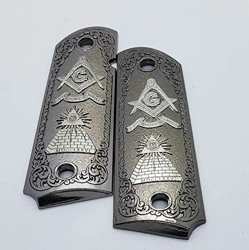 Tek_Tactical Puños de repuesto 1911 de tamaño completo para Kimber, Colt, Rock Island, Springfield, Taurus y Clones - Puños de níquel negro masónico