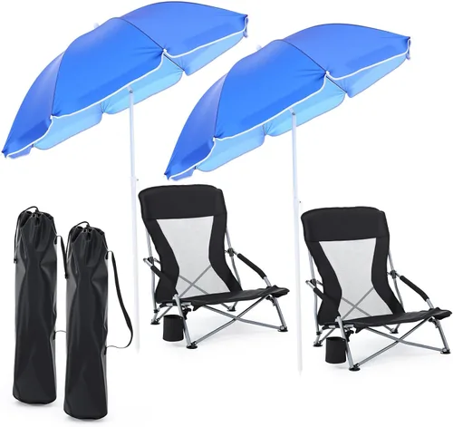Miniatura 9 de Huwena Paquete de 2 sillas de playa con paraguas para adultos, juego de sillas plegables bajas, paraguas desmontable ajustable, ligero portátil