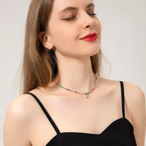 Miniatura 3 de Collares con iniciales de cuentas coloridas para niñas, adolescentes, regalos hechos a mano, personalizados, de acero inoxidable chapado en oro