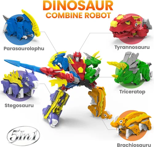 Miniatura 2 de Wenbeier - Juguetes de robot dinosaurio 5-en-1 transformables que incluyen 5 figuras de acción de dinosaurio - Construye y combina en un guerrero