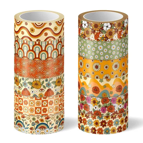 Whaline 12 rollos de cinta Washi floral bohemia, flores retro, arco iris, calcomanías adhesivas de papel para álbumes de recortes, envoltura de