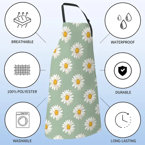 Miniatura 3 de Delantal floral de margaritas blancas para mujer, 28 x 33 pulgadas, delantales de cocina de primavera fresca con 2 bolsillos, tela Oxford, delantal