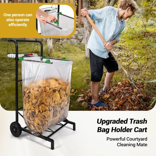 Miniatura 3 de CAROD Carrito de bolsa de basura mejorado con cesta de almacenamiento y mango ergonómico, soporte ajustable para bolsas de hojas para exteriores