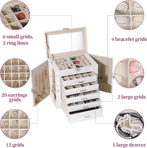 Miniatura 5 de BOOVO Joyero para mujer, organizador de joyas grande de 6 capas con espejo, caja de almacenamiento multifunción con cerradura, soporte
