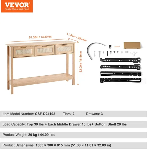 Miniatura 2 de Mesa consola de ratán VEVOR, mesa de entrada con 3 cajones de almacenamiento, mesa de pasillo con puerta corrediza de ratán natural, mesa consola