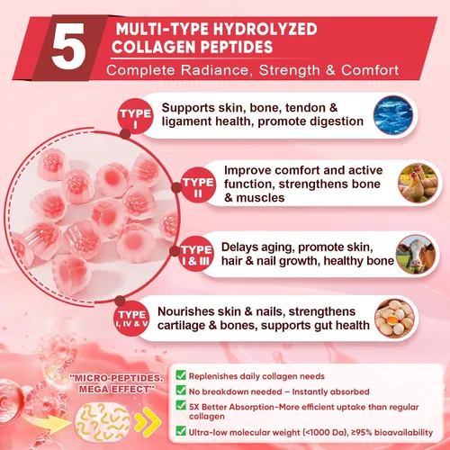 Miniatura 3 de Gomitas de péptido de colágeno para mujeres y hombres, sin azúcar, multicolágeno hidrolizado con 1500 mg de proteína tipo I, II, III, V, X, 5000 mcg