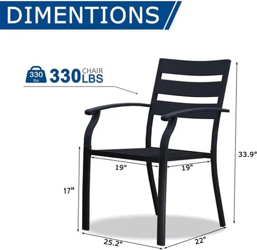 Miniatura 8 de Juego de 2 sillas de comedor para patio, sillas de comedor apilables negras para exteriores, juego de muebles de patio de metal para jardín, patio