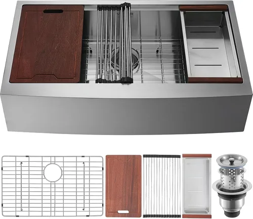 Miniatura 11 de VEVOR Fregadero de Cocina Farmhouse, Fregaderos de Sobreponer de Acero Inoxidable 304, Lavabo Individual de Montaje Superior con Reborde