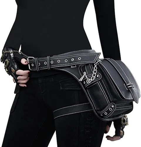 Miniatura 6 de Riñonera gótica, punk, táctica, para exteriores, bicicleta, motocicleta, ciclismo, senderismo, riñonera para cadera/muslo, bolsa de hombro negra