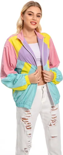 Miniatura 3 de Chaqueta de bloque de color de los años 80 para mujer, rompevientos neón, traje de entrenamiento retro para fiestas temáticas