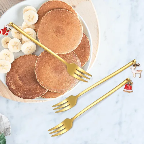 Miniatura 4 de Juego de cubiertos dorados de Navidad para postre, cubiertos de acero inoxidable, 6 piezas, utensilios de aperitivo con mango de abalorios