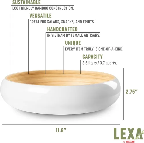Miniatura 2 de LEXA Frutero de madera de bambú blanco hecho a mano de 12 pulgadas para encimera de cocina, cuenco de ensalada de madera de bambú grande ligero