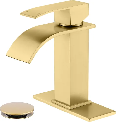 Grifo de cascada para lavabo de baño, llave de baño de un solo agujero en color dorado cepillado con drenajes emergentes y placa de cubierta para