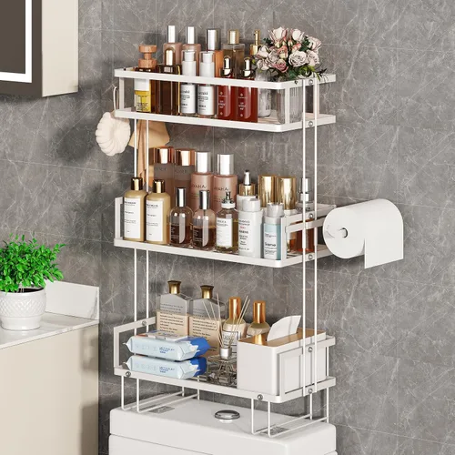 Miniatura 8 de Godboat Organizador de baño, almacenamiento sobre el inodoro, estantes flotantes con 2 ganchos, estante montado en la pared, detrás y encima