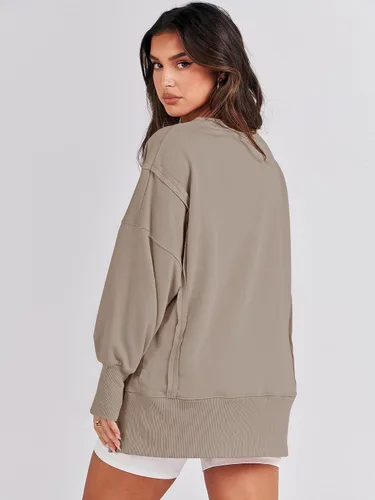 Miniatura 5 de ANRABESS Sudadera de gran tamaño para mujer, cuello redondo, manga larga, casual, con abertura, sin botones, ropa de otoño