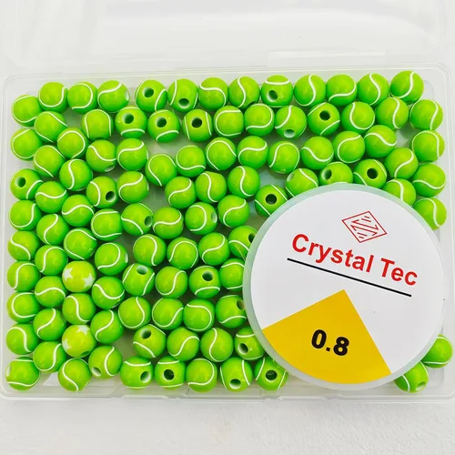 Miniatura 5 de 100 cuentas de pelota de tenis a granel, cuentas deportivas de tenis verdes acrílicas, cuentas espaciadoras redondas con cuerda elástica
