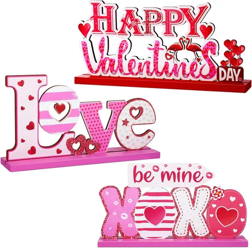 Sumind 3 piezas de decoración de mesa de madera para el día de San Valentín para el hogar, centro de mesa de San Valentín para comedor, oficina,