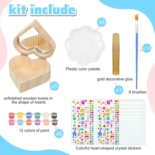 Miniatura 2 de Kigley Juego de 6 cajas de madera para pintar tu propio corazón, caja de joyería de madera sin acabar, cajas en forma de corazón para el día de San