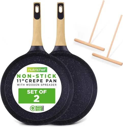 Miniatura 14 de NutriChef Juego de 2 sartenes antiadherentes para crepé, sartenes Dosa recubiertas de mármol de 11 pulgadas con esparcidores de madera, baquelita