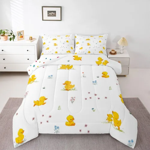 Miniatura 32 de Erosebridal Juego de ropa de cama a cuadros azul para niños, juego de cama individual con diseño de patos amarillos de dibujos animados, juego