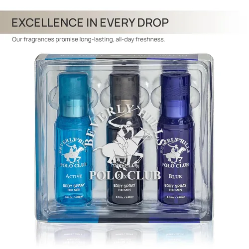 Miniatura 2 de Beverly Hills Polo Club Colección Signature Body Spray para hombre Juego de 3 piezas: azul, activo, sexy, fragancias versátiles para cada ocasión
