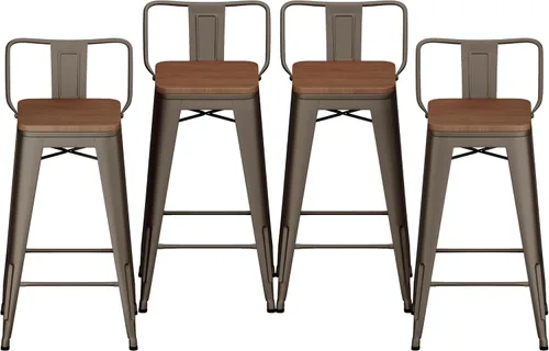 Miniatura 9 de HAOBO Home Taburetes de bar industriales de metal, taburetes de bar con respaldo bajo con asiento de madera [juego de 4] sillas de comedor de 18