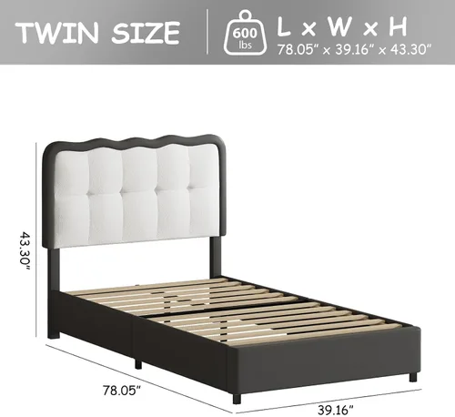 Miniatura 2 de BarnFurin Base de cama individual, cama de plataforma tapizada con cabecera de nube, marco de cama moderno con diseño suave anticolisión, no Negro