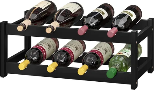 Miniatura 12 de BAMEOS Estante de vino independiente de 2 niveles y 8 botellas, estantes de vino de bambú, gabinete de encimera, soporte de vino, estante
