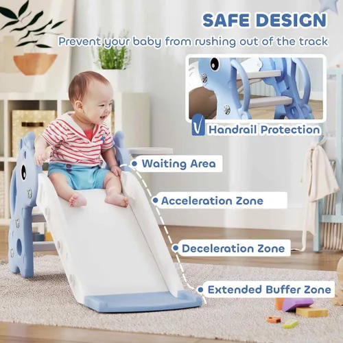 Miniatura 5 de Qaba Tobogán para niños pequeños con escalador, aro de básquetbol y pelota, tobogán para interiores con diseño de jirafa, equipo de juego Azul