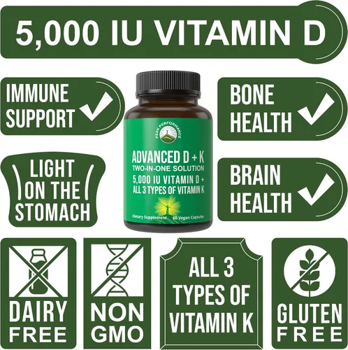 Miniatura 3 de Peak Performance Vitamina D avanzada de 5000 UI con los 3 tipos de vitamina K, vitamina D3 y vitamina K2, K1, MK-7 (MK7), suplemento MK4. 60