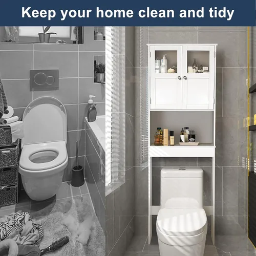 Miniatura 4 de Bonnlo Armario de almacenamiento sobre el inodoro con estante ajustable, organizador de suelo de baño blanco, ahorro de espacio con puertas dobles