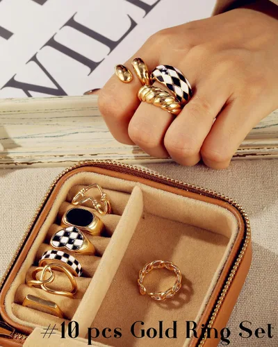 Miniatura 9 de FAXHION Juego de 10 anillos gruesos de oro de 18 quilates para mujeres y niñas, anillos trenzados chapados en oro, apilables, anillos midi, anillos