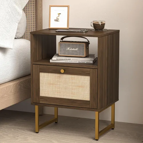 JOONEE Mesita de noche de ratán, mesita de noche de granja con cajón de almacenamiento y estante abierto, mesa auxiliar moderna bohemia con marco