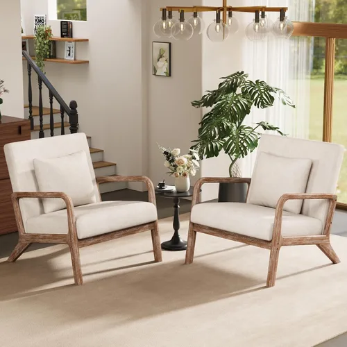 Miniatura 14 de ELUCHANG Silla decorativa moderna de mediados de siglo con almohada lumbar, sillón tapizado, tela de lino, cómoda silla auxiliar de lectura