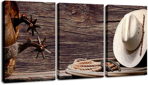 Lienzo impreso para pared, diseño de vaquero occidental, arte de pared, sombrero de vaquero americano, botas de rodeo occidental, cuadro vintage,