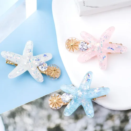Miniatura 3 de PAGOW 3 pinzas para el cabello con estrella de mar, pinzas para el cabello de cristal, soporte para cola de caballo de estrella de mar, accesorios
