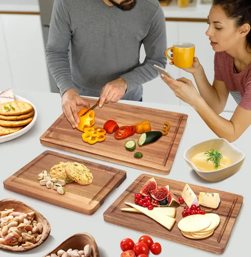 Miniatura 6 de Juego de tablas de cortar de madera maciza de 3 piezas de madera de acacia, juego de tabla de charcutería, tabla de cortar de carne de madera dura