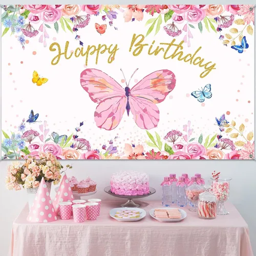 Miniatura 4 de Tatuo Telón de fondo de mariposa de feliz cumpleaños de 6 x 4 pies, decoración de fiesta de cumpleaños de mariposa rosa para niñas y mujeres