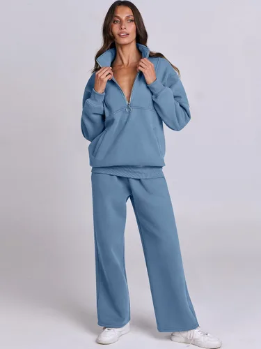 Miniatura 2 de ANRABESS Conjunto de 2 piezas para mujer, sudadera de gran tamaño con media cremallera a juego, pantalón de pierna ancha, conjunto de ropa